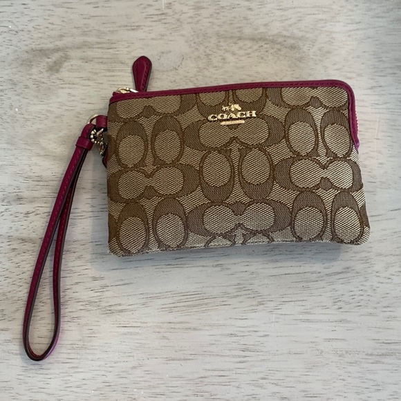 Coach Handbags - Coach Signature Canvas & Cranberry leather wristlet‎